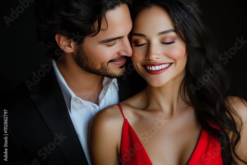 Romantic moment shared between a couple in elegant attire captured indoors at...