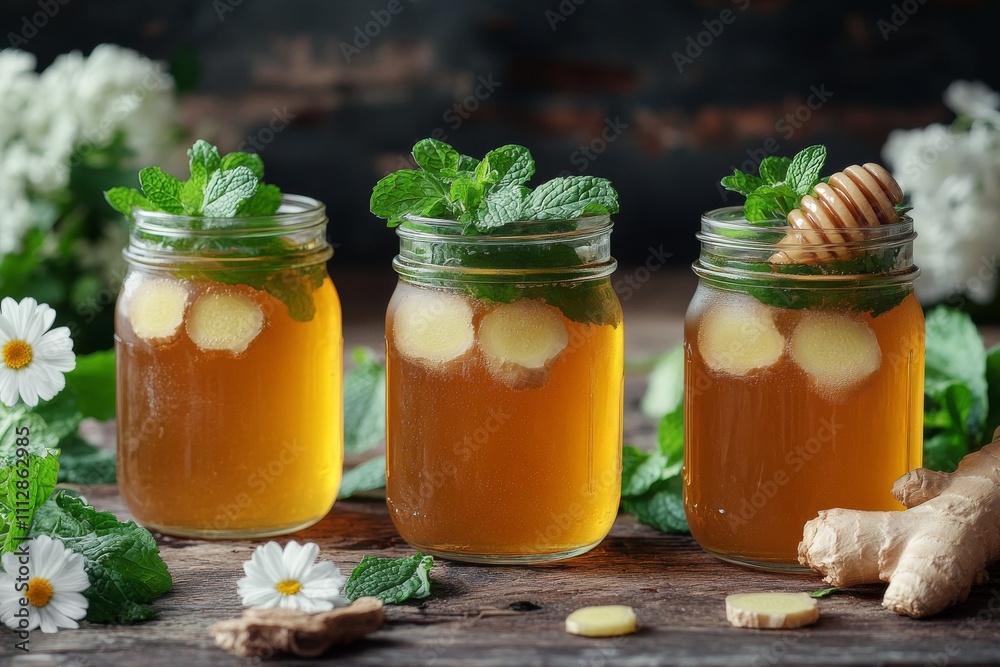 Refreshing ginger mint drinks served in mason jars with fresh herbs and spices Refreshing ginger mint drinks served in mason jars with fresh herbs and spices