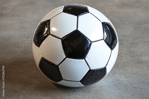 Traditional black and white soccer ball placed on a textured surface with gre...