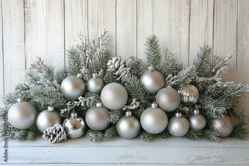 Elegant silver ornaments arranged on a frosted pine display for holiday celeb...