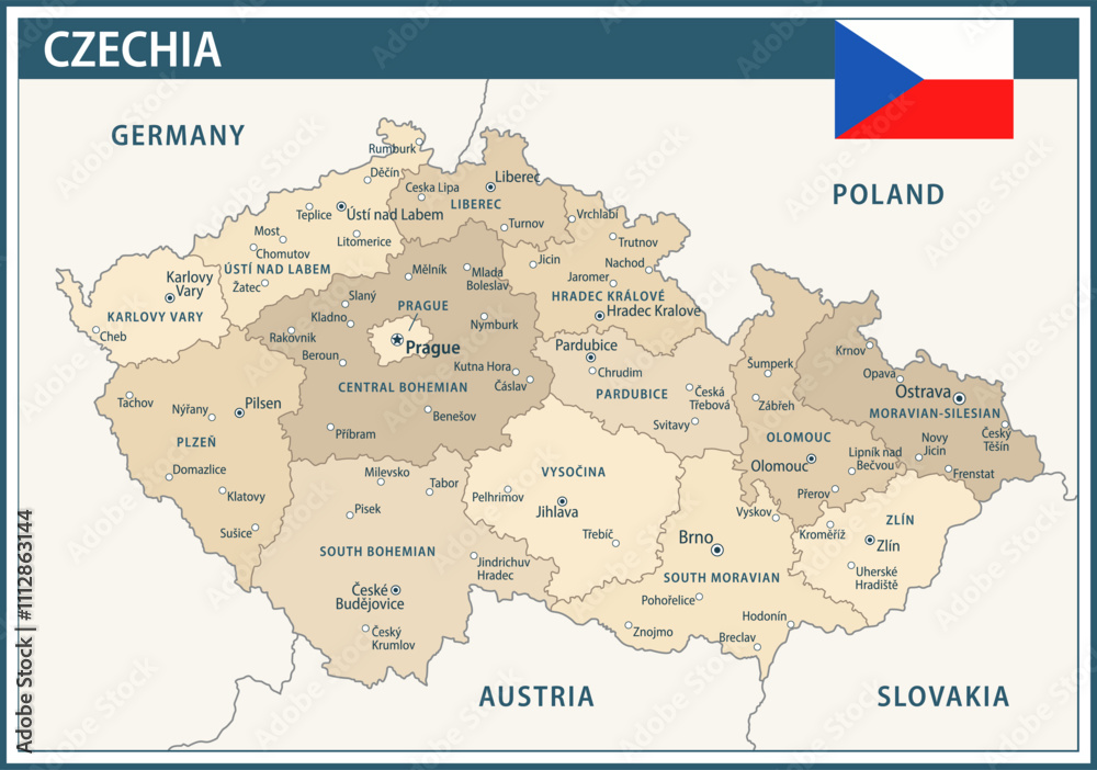 Fototapeta premium Czechia Map Vector Vintage Dark Blue Beige - Customizable layered political map of Czech Republic with administrative divisions for website, education, reports, news, politics, print, poster