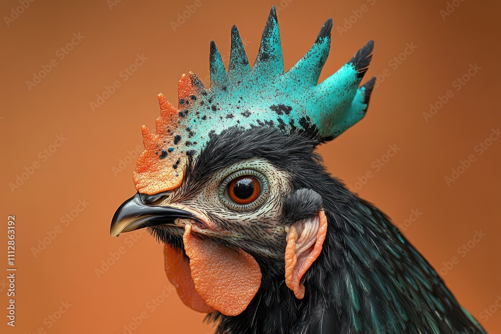 The head of a Crested Polish Chicken with a unique mix of turquoise and black feathers in its crest, a bold, sharp beak, and a proud expression, captured in vibrant natural light. The head of a Crested Polish Chicken with a unique mix of turquoise and black feathers in its crest, a bold, sharp beak, and a proud expression, captured in vibrant natural light.