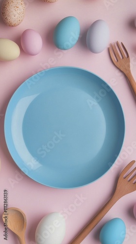 Colorful spring table setting featuring pastel eggs and natural decor surroun...