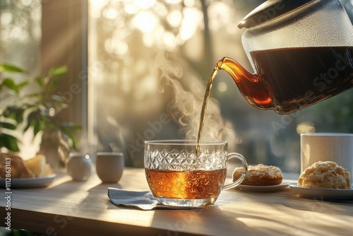 Enjoying a warm cup of tea with herbs in a cozy kitchen during the afternoon
