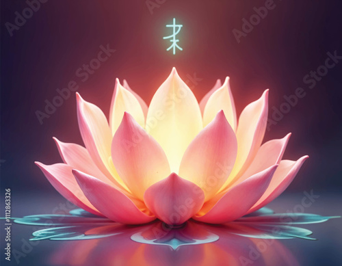 vector of a pink lotus or water lily with glowing religious symbols on it