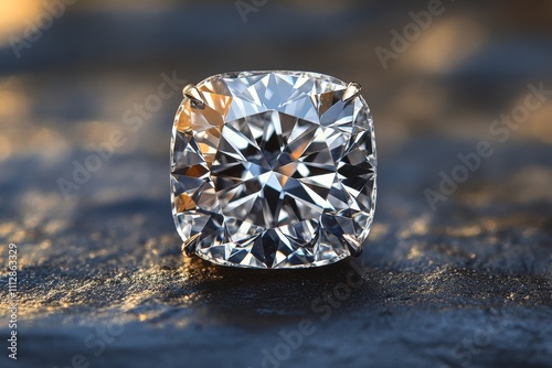 Natural light highlights a stunning pink diamond resting on textured rocks in...