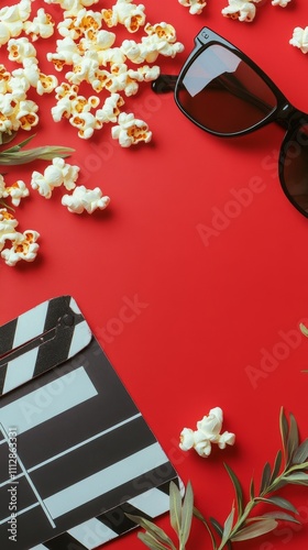 Movie night essentials on a vibrant red background featuring popcorn and sung...