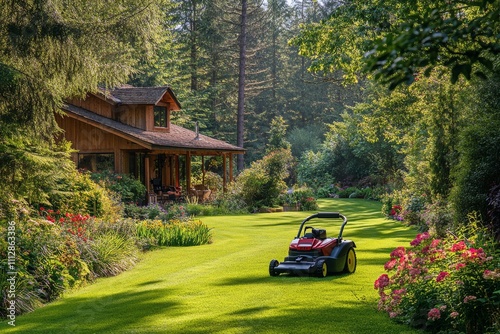 Beautiful garden in front of a charming house with a lawn mower in the foregr...