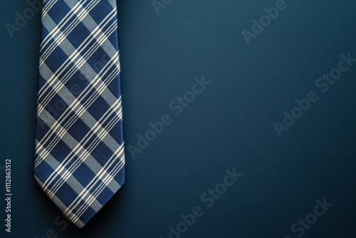 Checkered tie resting on blue surface suitable for formal events or business ...