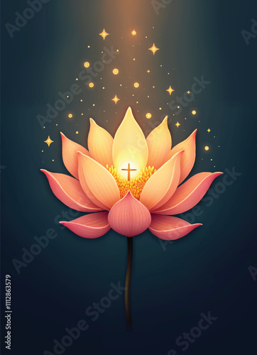 vector of a pink lotus flower with a glowing cross on the top of it and glowing stars on background