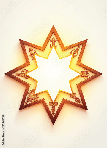 vector of a star with eight points and religions symbols that is on a white background