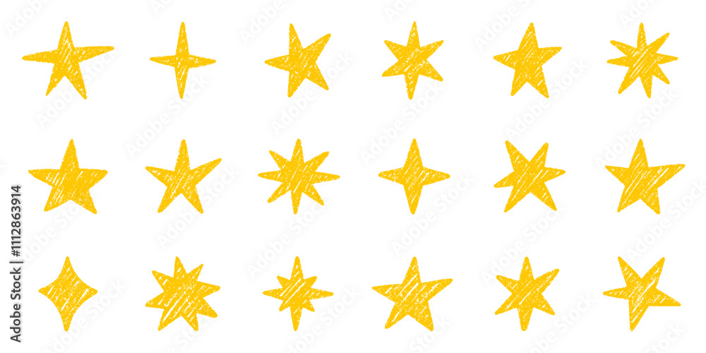 Chalk pencil stars and sparkles doodle set. Crayon Twinkle, blink, firework, glitter silhouette and glowing symbols in sketch style, Hand drawn vector illustration isolated on white background Chalk pencil stars and sparkles doodle set. Crayon Twinkle, blink, firework, glitter silhouette and glowing symbols in sketch style, Hand drawn vector illustration isolated on white background