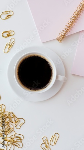 Elegant coffee cup on a minimalist desk with stationery and paper accessories