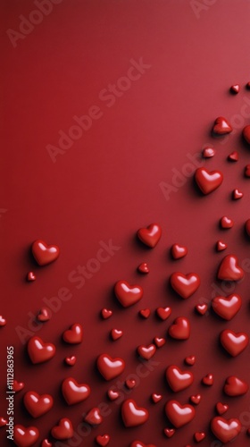 Vibrant heart shaped decorations scattered on a rich red background for festi...