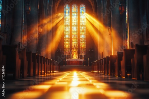 Light streams through stained glass windows in a serene church setting