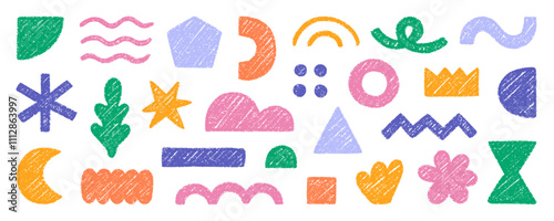 Abstract geometric shapes and forms, chalk pencil doodle set. Crayon modern figures, brush crown, stars, arrow in sketch style. Hand drawn vector illustration isolated on white background