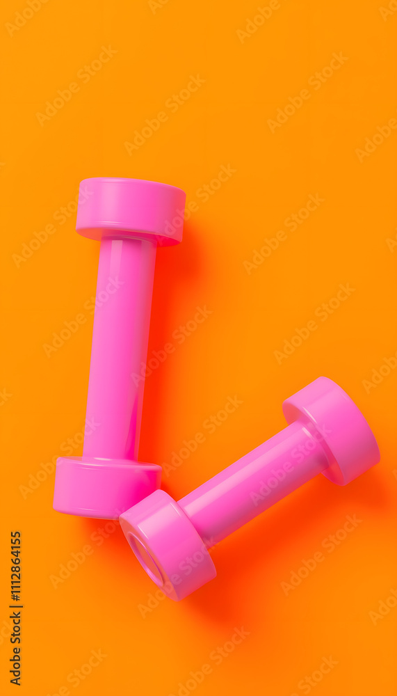 pink dumbbells on an orange background. 3d render isolated with white highlights, png