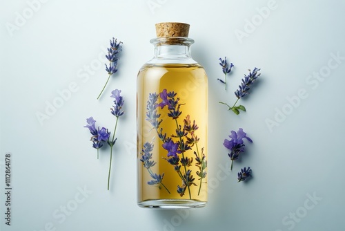 Purple essential oil bottle surrounded by lavender and floral decorations on ...