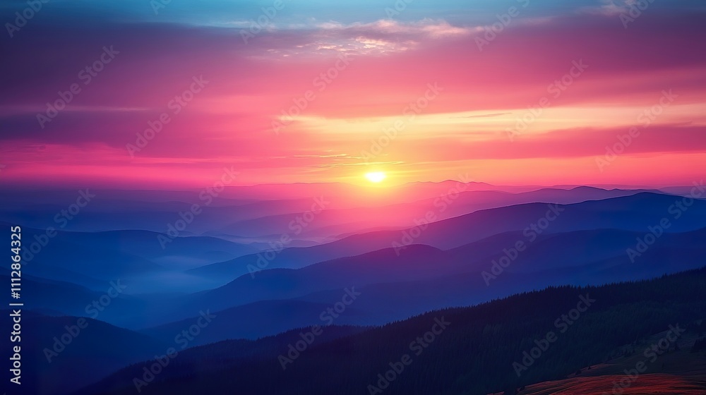 Obraz premium A stunning sunset view from a mountaintop, with vibrant colors painted across the sky and valleys below.