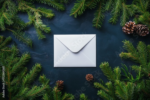 Festive envelope surrounded by pine branches and cones for holiday celebrations