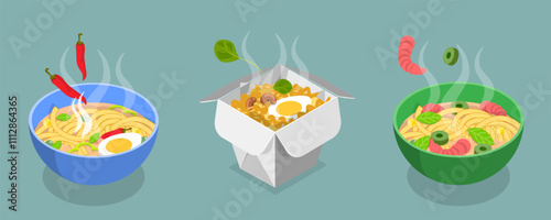 3D Isometric Flat Vector Set of Ramen Bowls, Chinese And Japanese Noodles