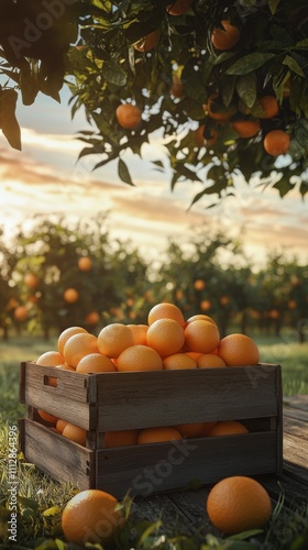 Sunset over an orange orchard with a wooden crate full of fresh oranges being...