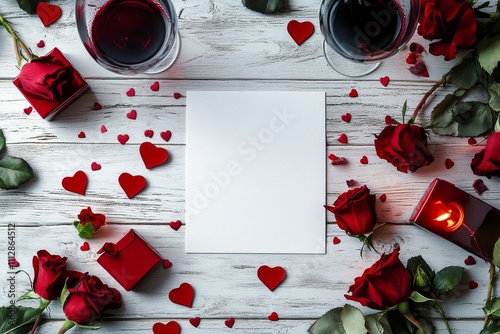 Romantic setting with red roses, candles, and wine glass for a special occasion