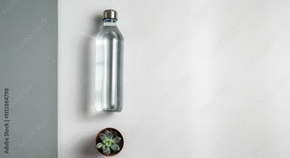 Minimalist reusable water bottle plant on white background