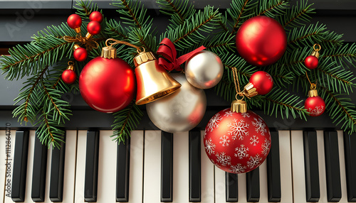 Christmas balls, jingle bells and fir branches on piano keys, top view isolated with white highlights, png photo