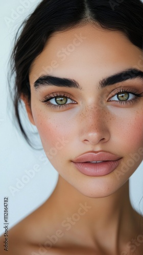 Captivating portrait of a young woman with striking green eyes and natural be...