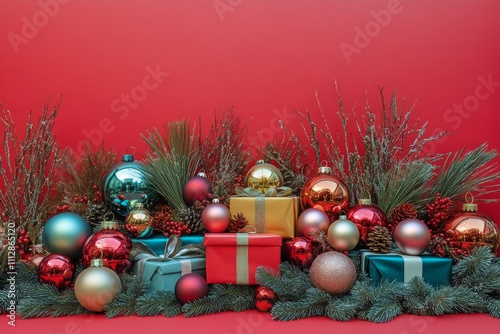 Festive holiday decorations with colorful ornaments and wrapped gifts on a re...