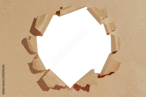 Hole in gift box, empty space for advertising text in torn paper, transparent background