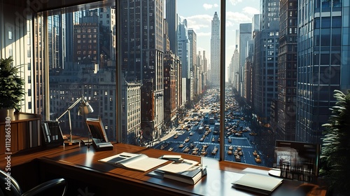 A sophisticated law office window view overlooking a busy city street, reflecting the hustle and bustle of legal work in progress,