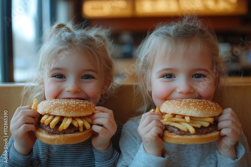 Two smiling children enjoy burgers and fries in a casual dining restaurant du...