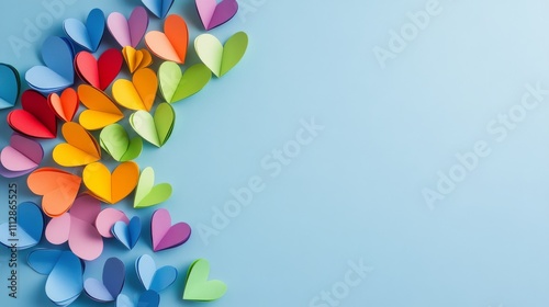 Colorful paper hearts arranged on a blue background for decoration and craft ...
