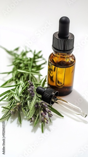 Lavender essential oil bottle placed among fresh lavender flowers on a white ...