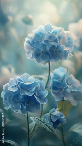 Beautiful blue hydrangea flowers blooming in a serene garden setting during s...