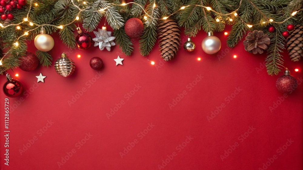 red background with christmas decorations on top and empty space for text
