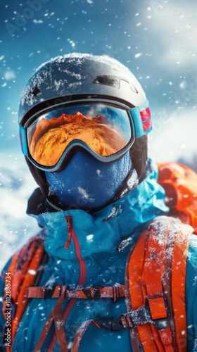Winter adventure in the mountains with a skier wearing protective gear and vi...