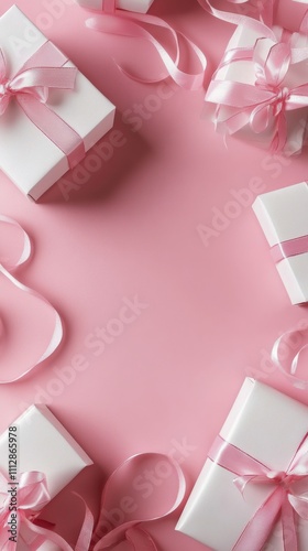 Elegant pink gift boxes arranged on a soft pink background for a festive cele...