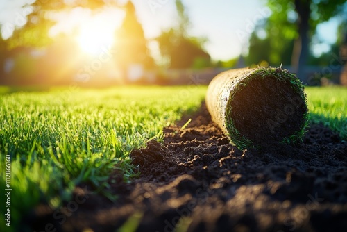 Laying fresh sod in a bright garden during golden hour sunshine