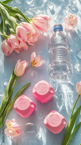 Exercise essentials with fresh flowers and hydration on a bright blue surface