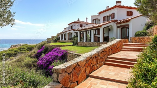 Elegant sea view villas with vibrant gardens and stone pathways photo