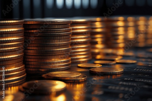 Stacks of coins shimmering with orange glow in a digital trading environment