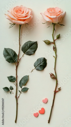 Pink roses and heart shaped candies create a romantic arrangement on a light ...