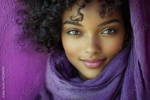 Young woman smiling warmly in front of a vibrant purple background on a sunny...