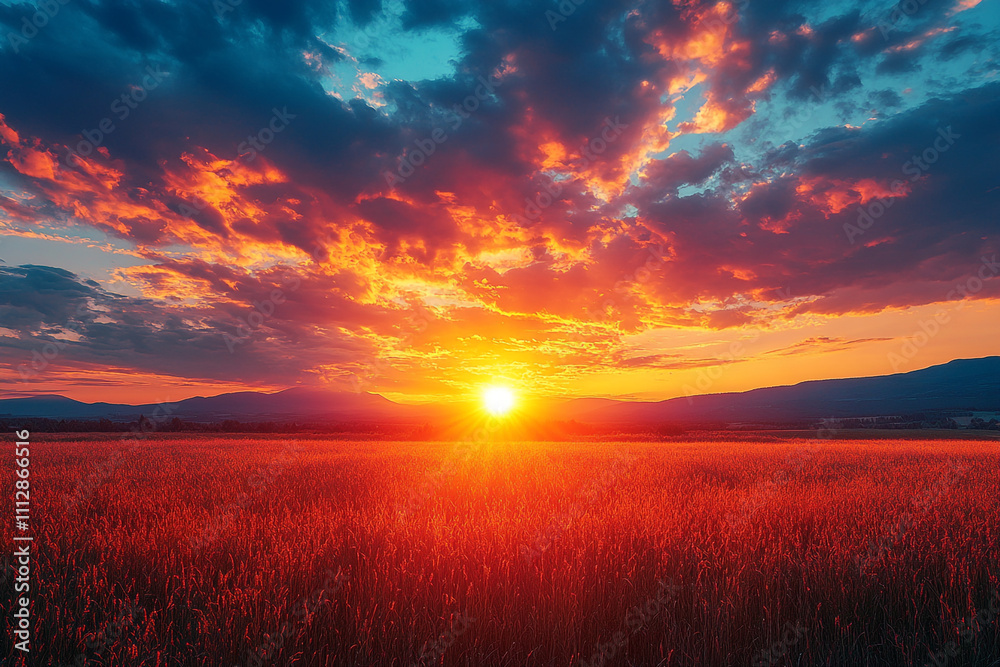 Fiery Sunset Over Grassy Field And Distant Mountains Fiery Sunset Over Grassy Field And Distant Mountains
