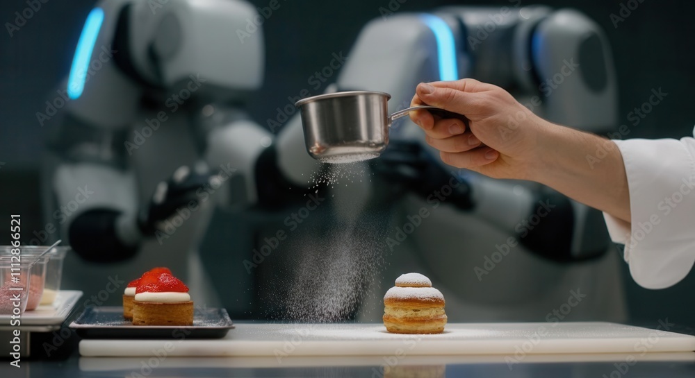 chef adding powdered sugar to desserts with robot assistant in kitchen chef adding powdered sugar to desserts with robot assistant in kitchen