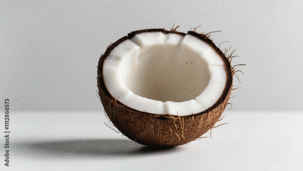 Half Cut Coconut Showing White Flesh And Brown Husk. Half Cut Coconut Showing White Flesh And Brown Husk.