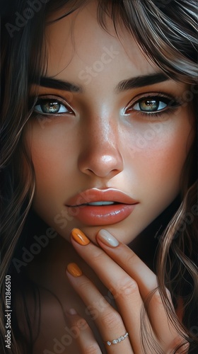Stunning young woman with striking green eyes and natural makeup posing grace...
